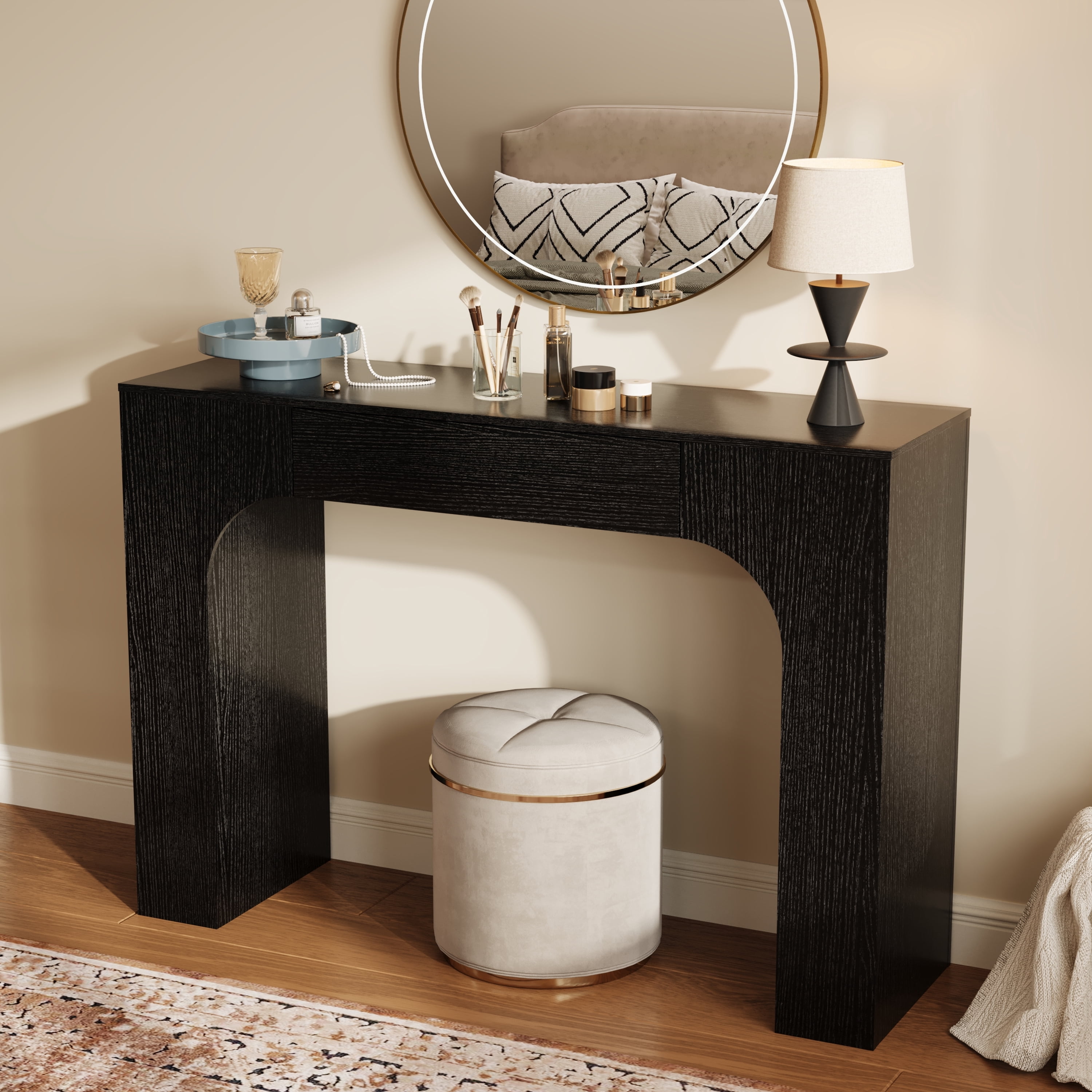 47" Long Console Table with Drawer, Narrow Entryway Table with Anti-Tipping Kit, Farmhouse Walnut Sofa Table for Hallway, Living Room, TV Stand, Black Embossed