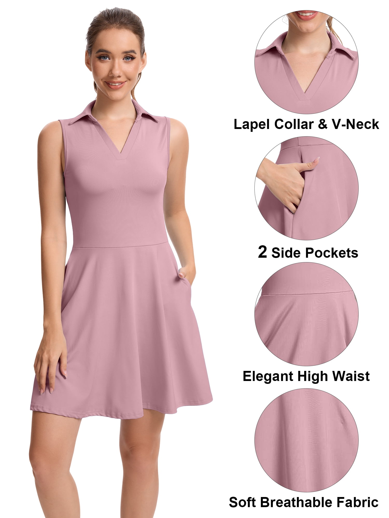 Hanerdun Womens Tennis Dress with Shorts Pockets Sleeveless Athletic Golf Dress Workout Activewear Pink XL