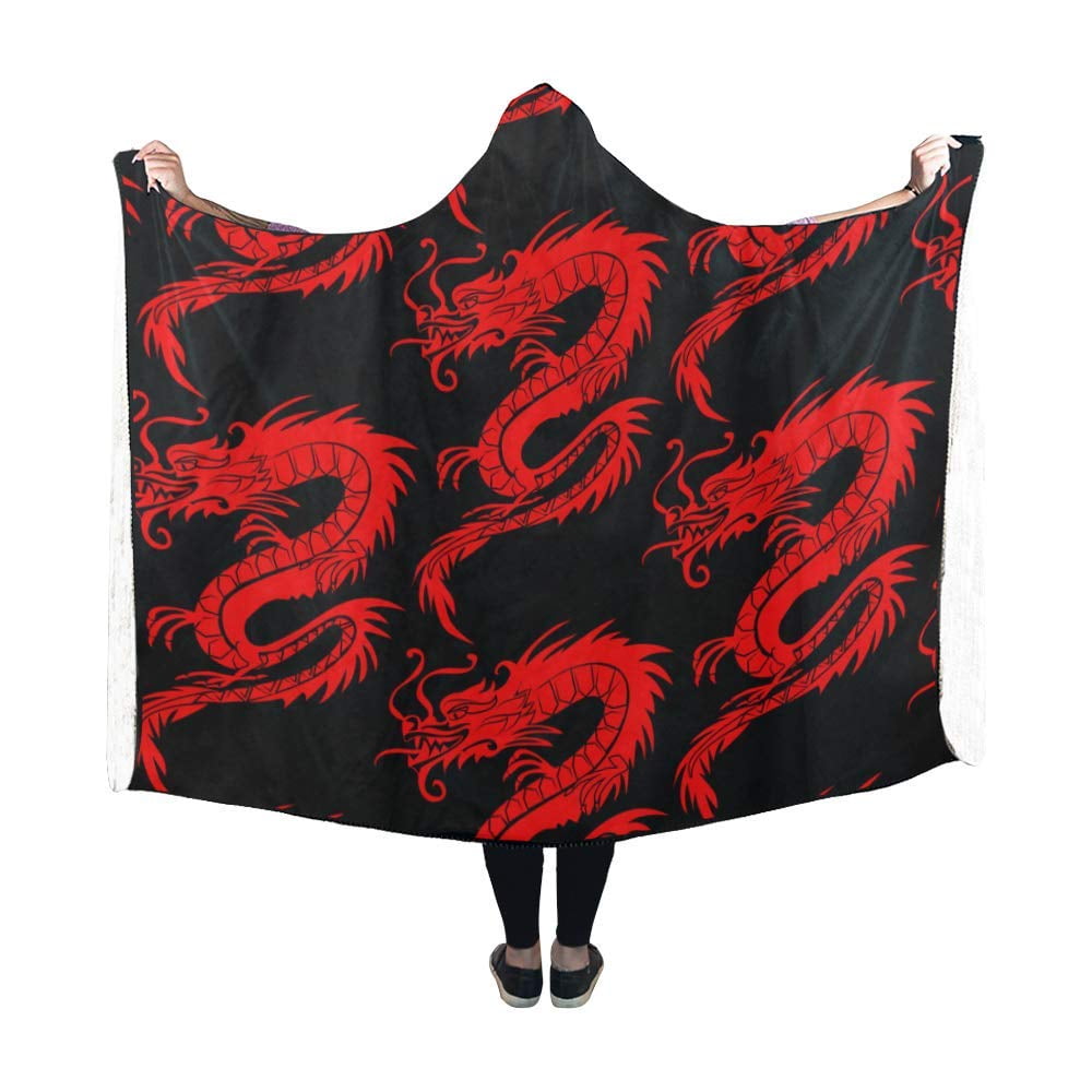 HATIART Hooded Blanket Red Dragons Design Mens Throws Womens Wearable