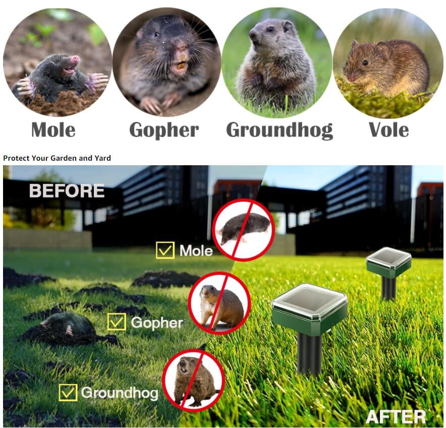 Solar Mole Repellent Ultrasonic 4 Pack Outdoor Powered Sonic Deterrent - Mole Stopper Scare Vole for Lawn Garden & Yard Home - Groundhog Repeller Snake Rodent Gopher Spikes Chaser Pest Control