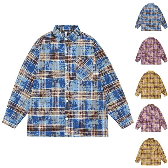 Gmluru Men's Plaid Jacket Man Leisure Button Pocket Tie-Dyed Lattice Flip Collar Long Sleeves Shirt Plaid Winter Coats