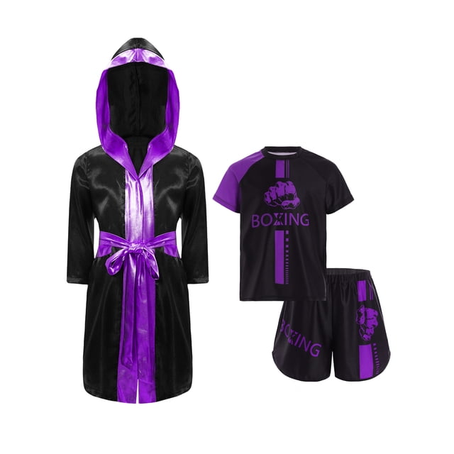 iiniim Enfants Garçons Uniforme de Boxe Long Cape à Capuche en Satin Peignoir de Boxe avec Ensemble de Survêtement d'Entraînement Violet 8