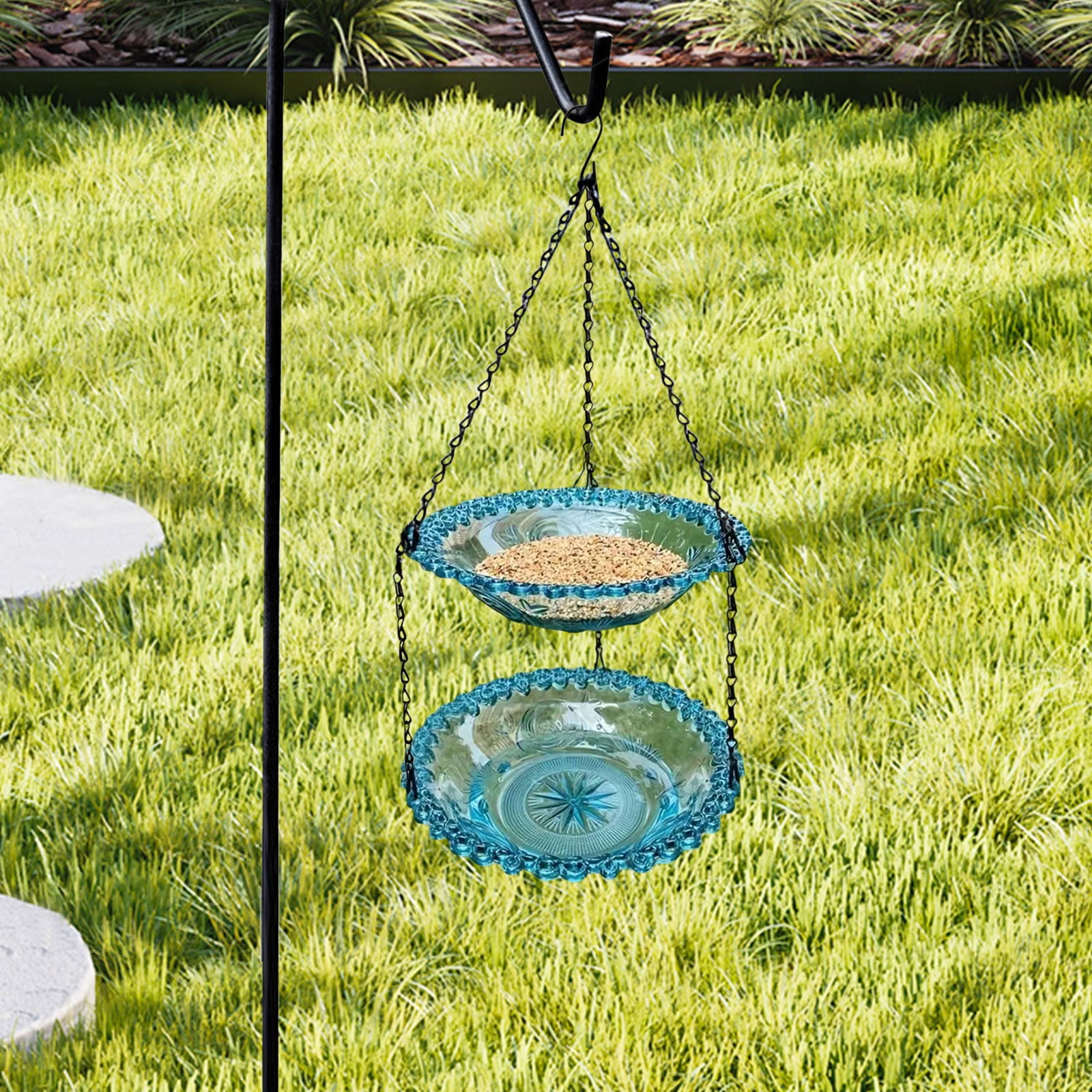 Zzbeans Outdoor Bird Feeder, Hanging Bird Feeder for Outside, Balcony Garden Tree Mounted Bird Feeder, Reusable Easy Fill Plastic Bird Bath and Food Feeder for Wild Birds Squirrels, Blue