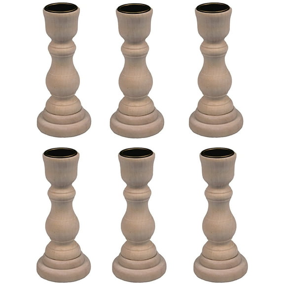 Creative Hobbies 4 Inch Tall Unfinished Wooden Candlesticks With Metal Candle Holder Cup Center - Wholesale Pack of 6