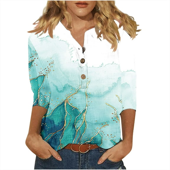 GERsome 3/4 Length Sleeve Womens Tops Summer Floral Print Loose Tops V Neck Shirts Spring Blouse