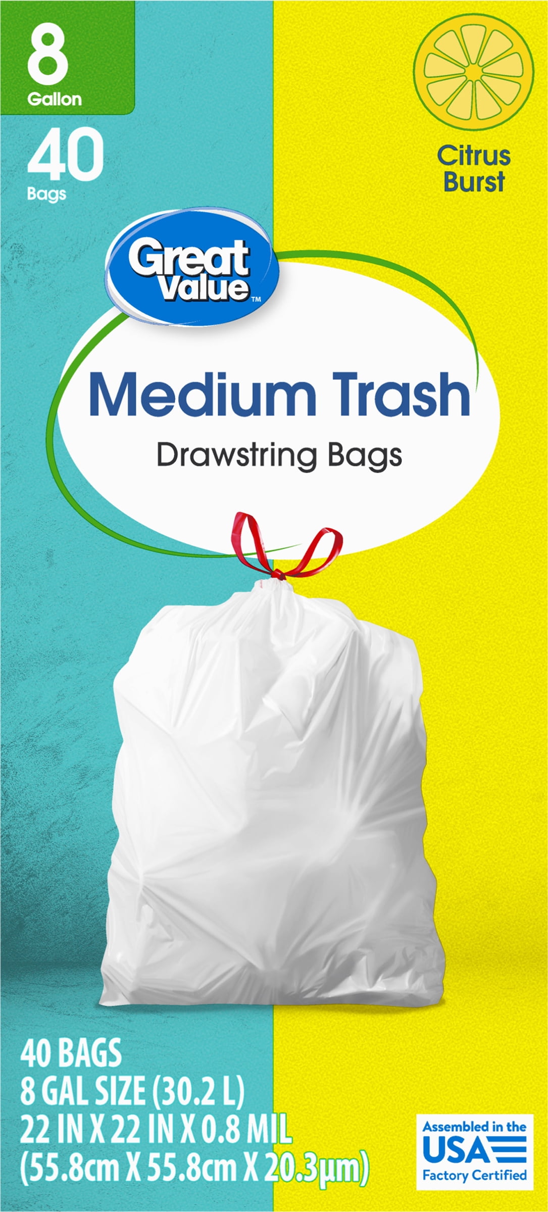 Great Value Citrus Burst 8-Gallon Medium Drawstring Trash Bags, 40 Count