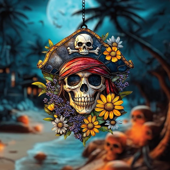 Floral Pirate ACRYLIC Suncatcher - Faux Stained Glass Skull with Hat and Flowers - Dark Nautical Window Art Gift