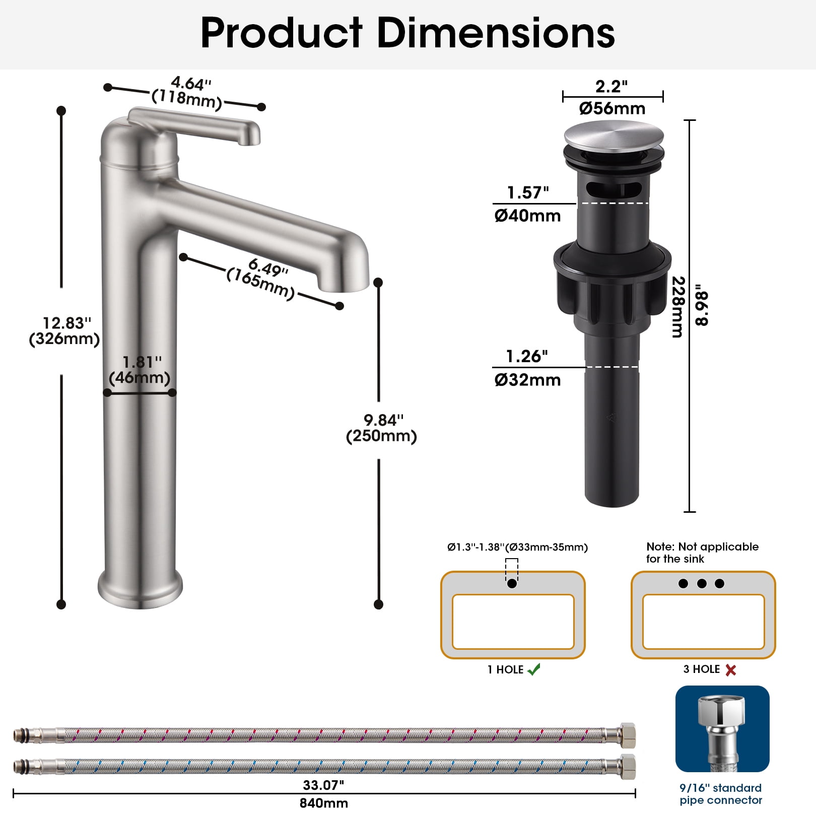 Wowkk Brushed Nickel Bathroom Faucets 9.84" High Spout Tall Basin Faucet, Single Handle Bathroom Sink Faucet with Pop Up Drain and Faucet Supply Lines