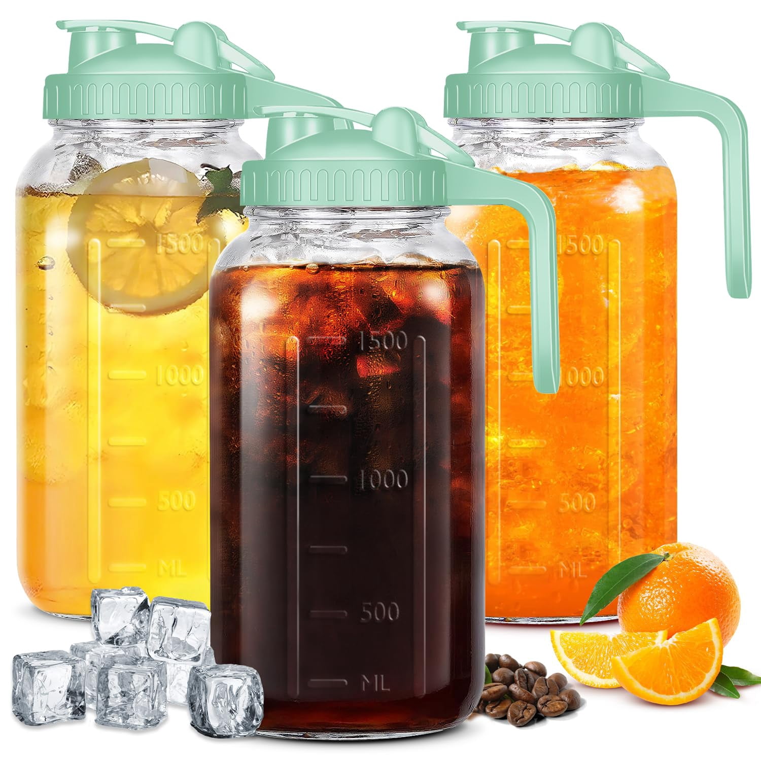 JOGGEIL 3 Pack 64OZ Mason Jars with Lid, 2 Quart Glass Water Pitcher with Lid, Airtight Seal for Great for Iced Tea,Juice,Milk,Coffee,Sun Lemonade, Green