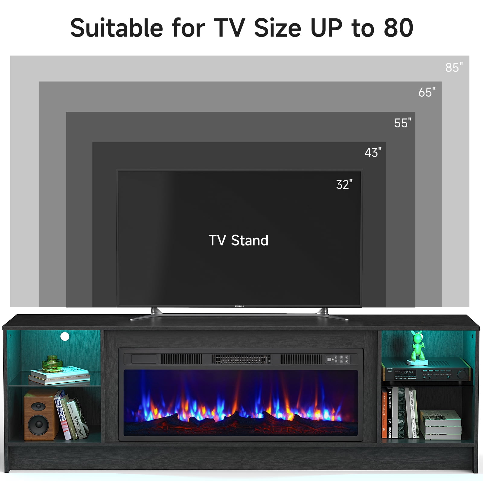 Dovov 70" LED TV Stand for TVs Up to 80", Wooden Modern Entertainment Center Media Console Table with 36" Electric Fireplace, LED Light and Glass Shelves, Black