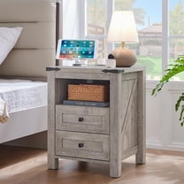Joaxswe Farmhouse Nightstand with Charging Station, Rustic Bedside Table with Drawers for Bedroom, Vintage End Table with Open Shelf for Living Room, Grey