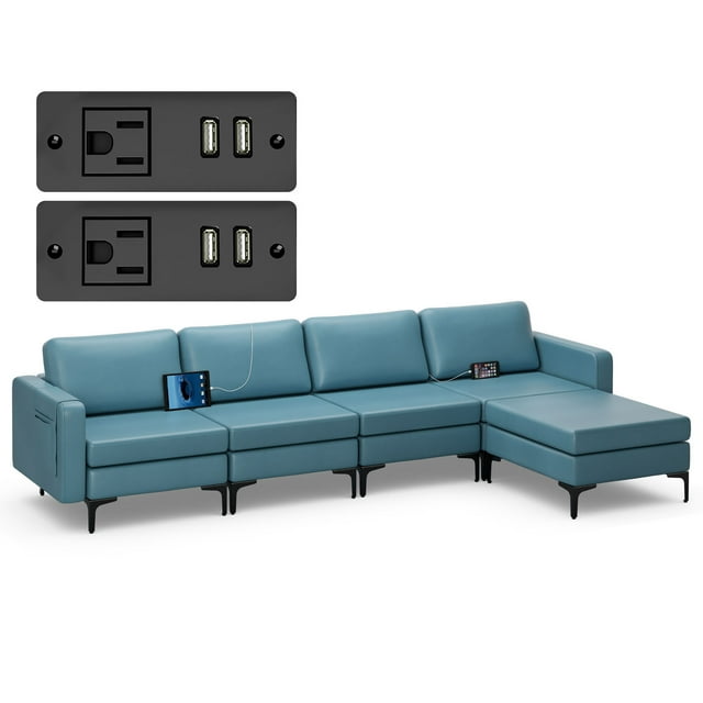 Costway Canapé Sectionnel Modulaire en L avec Méridienne Réversible et 4 Ports USB Bleu
