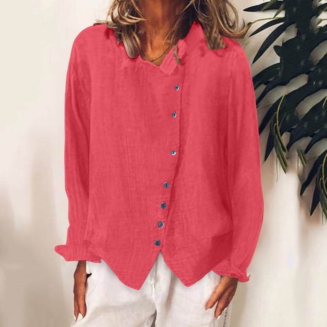 RXIRUCGD Chemise à Manches Longues en Coton et Lin pour Femme, Chemise à Col Rond Unie à la Mode, Chemise/chemise à Manches Longues à Col Rond pour Femme, Rouge, Taille : 2TG