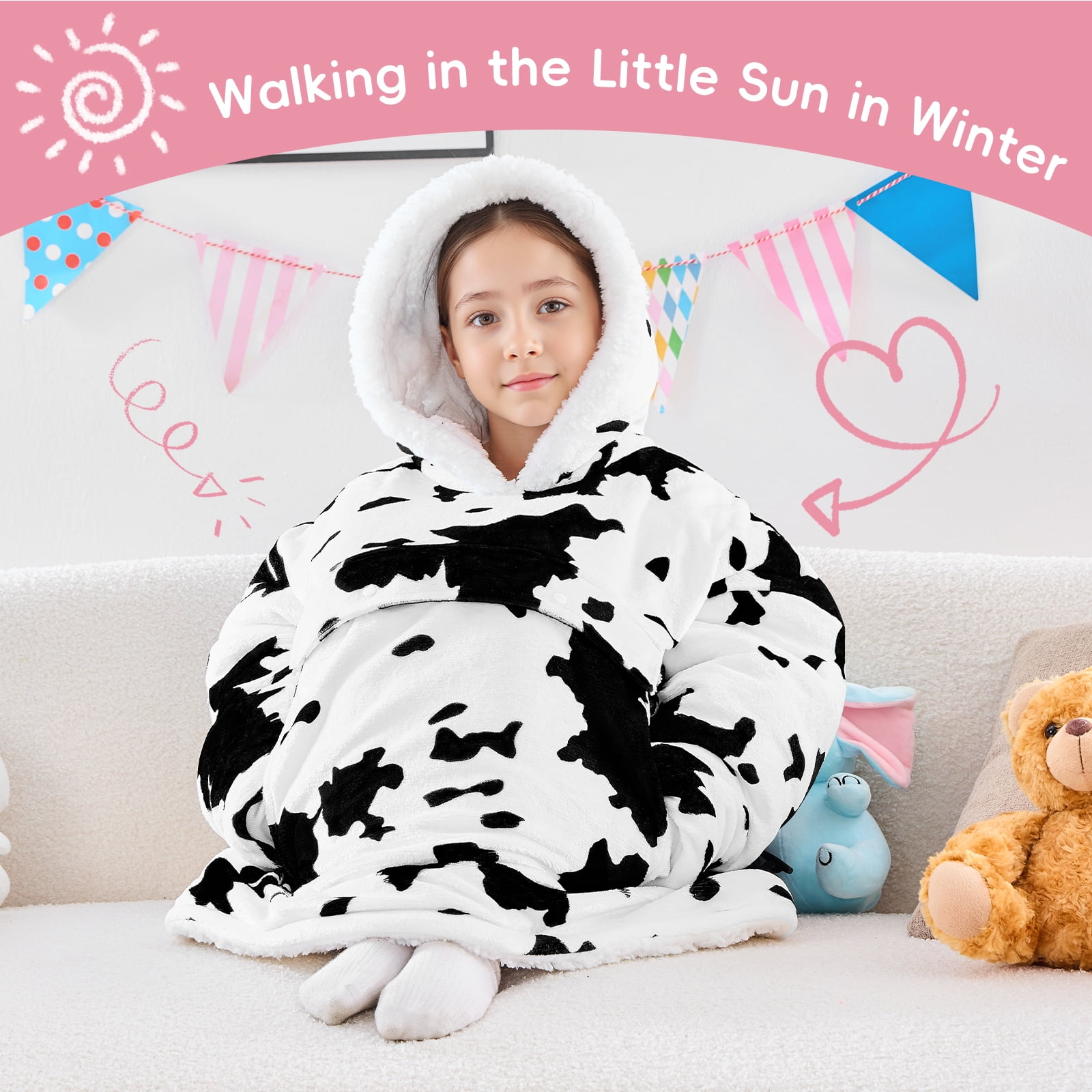 PMONPA Wearable Blanket Hoodie for Kids, Soft Double Layer Sherpa Fleece Sweatshirt,Teen Gifts for Kids, Youth, Boys, Girls, One Size, Cow