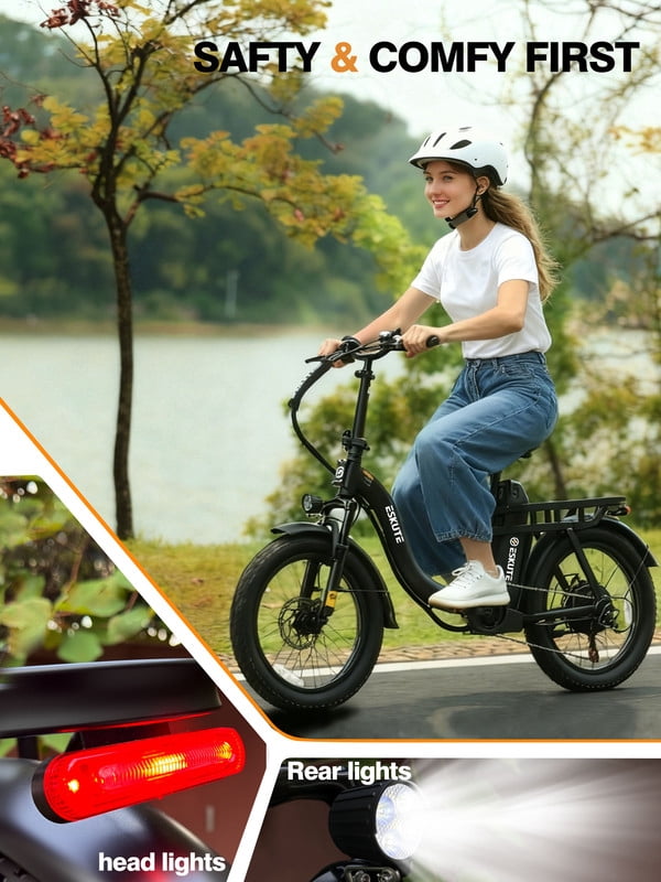 ESKUTE D200 Electric Bike for Adults 1200W Peak Motor 28 Mph, Folding Fat Tire E‑Bike, 48V 10.4Ah Up to 55 Miles, with 7‑Speed Step‑Through Cargo Fold E Bicycle, NFC Unlock, Black with Lock, UL2849