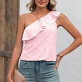 thumbnail image 4 of Women One Shoulder Top Summer Eyelet Ruffle Trim Sleeveless Pure Color Top for Female Pink S, 4 of 8