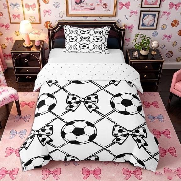 Castle Fairy Sport Soccer Bow Twin Duvet Cover, Geometric Plaid Twin Bedding, Black White,2pcs,1 Duvet Cover and 1 Pillowcase