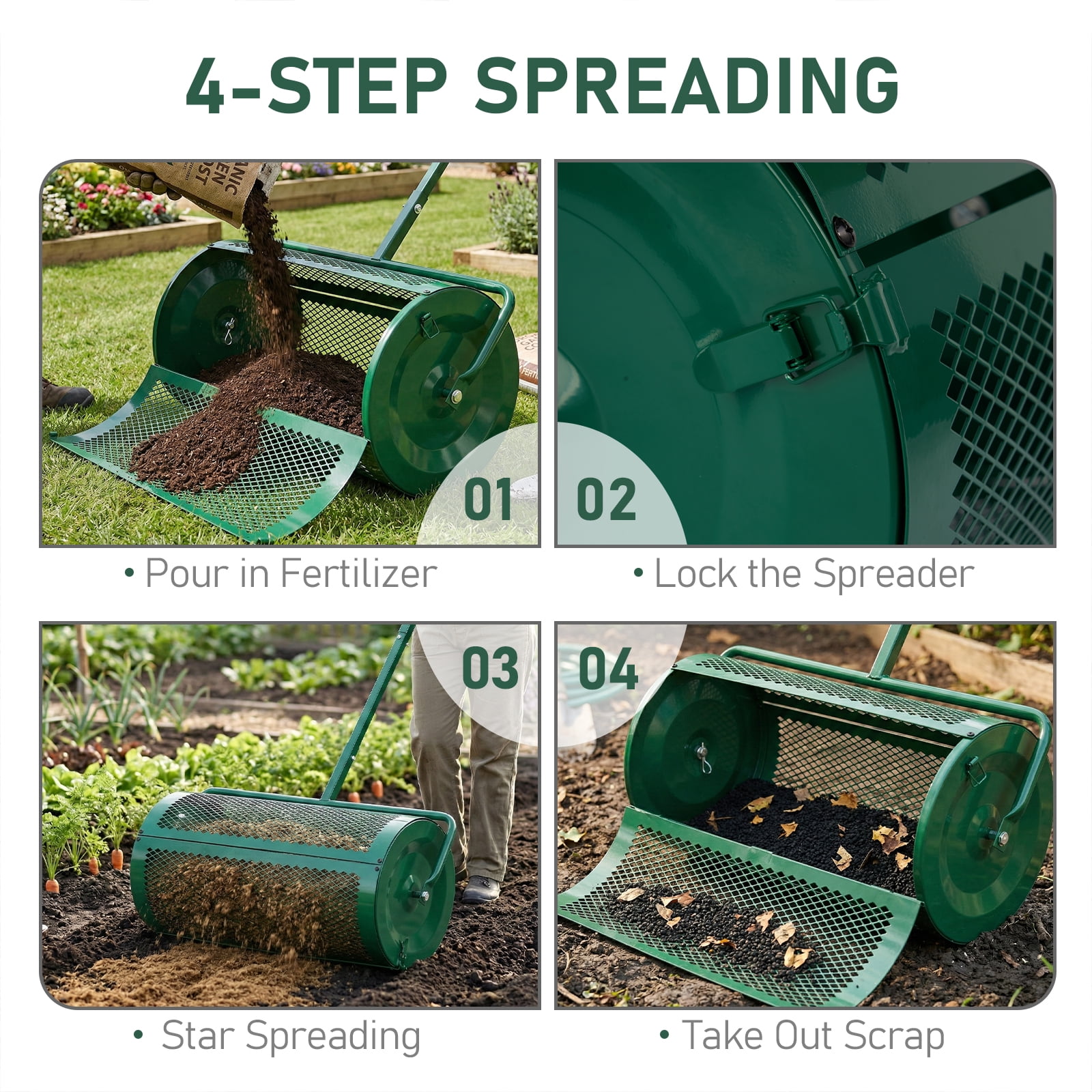Ktaxon 30" Compost Spreader with Adjustable Handle, Green Steel Mesh Basket for Peat Moss & Manure