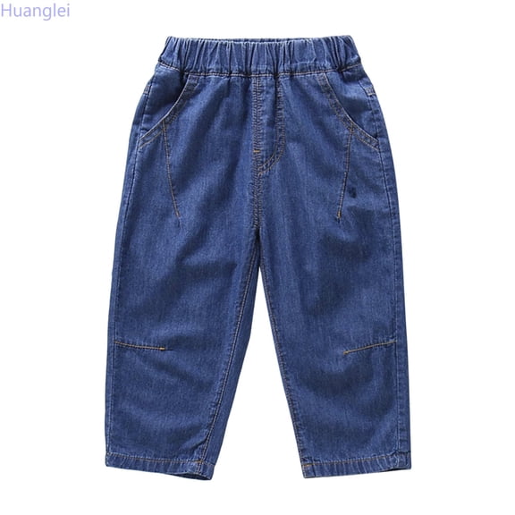 Huanglei Boys' Denim Style Pants For Summer Wear Breathable Full Cabric Long Trousers For Kids Casual Outdoor Everyday Bottoms ,School Uniform Denim Pants /Size 3-4 Years(Dark Blue)