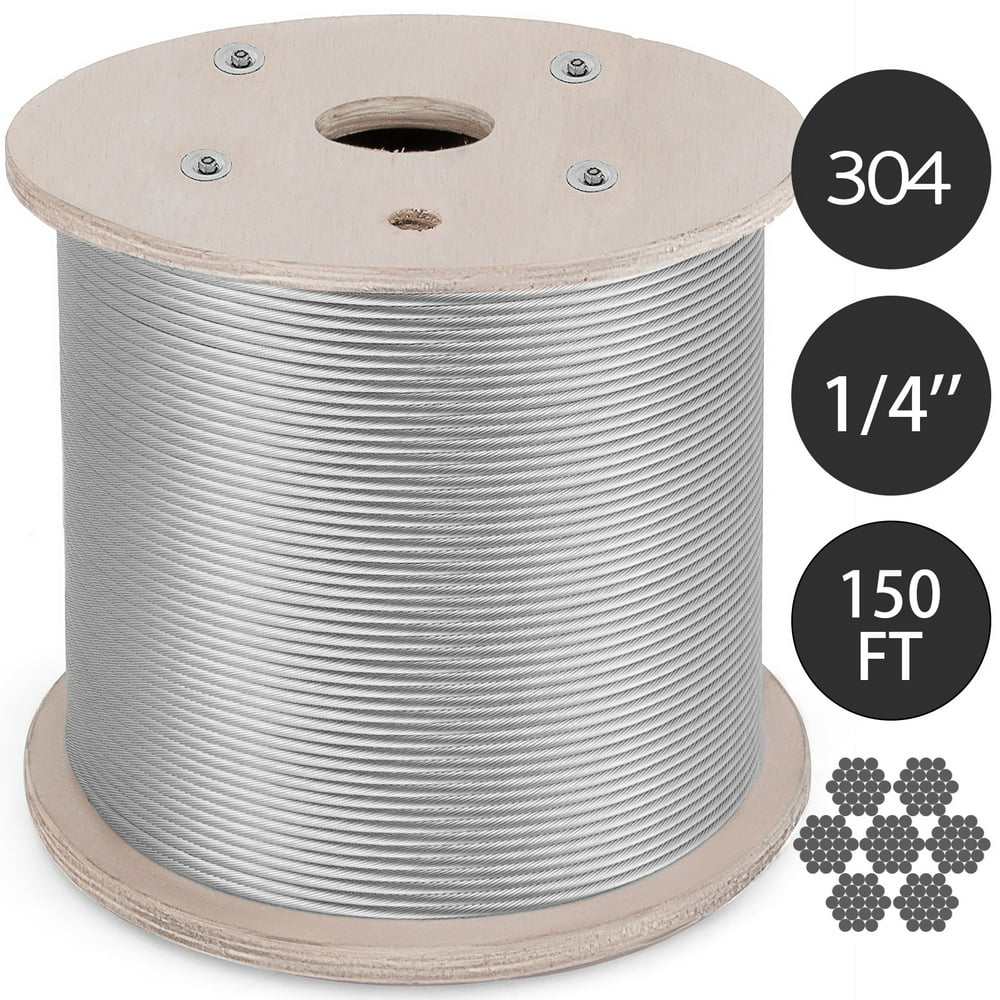 VEVOR 304 Stainless Steel Cable 1/4 Inch Cable Railing 7 X 19 Steel Wire Rope 150 Feet Steel