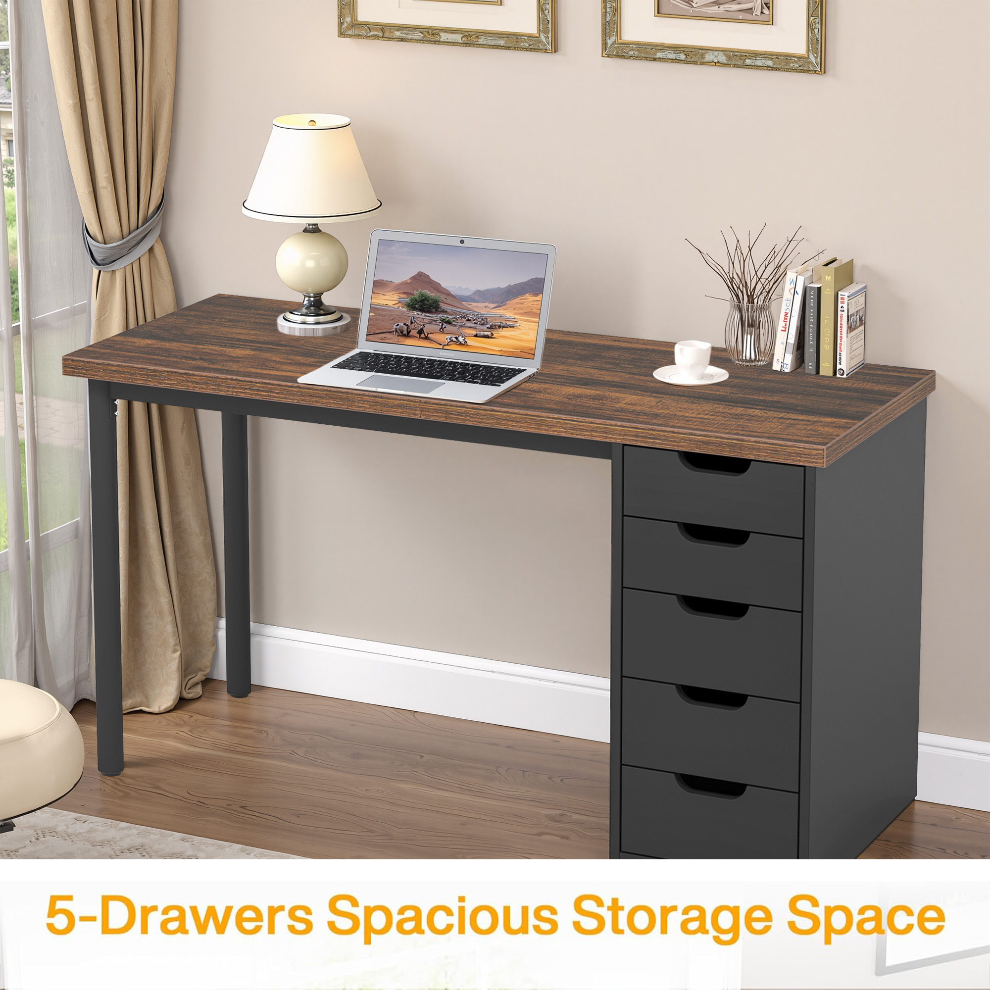 MAYEERTY 47.24" Industrial Desk, 5 Drawers with Metal Rails, 1.18" Thick Engineered Wood