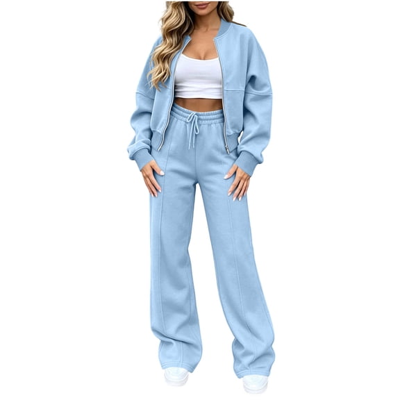 Edvintorg Outfits for Women 2 Piece Sets Fall Winter Crew Neck Long Sleeve Zip up Jacket and Wide Leg Pant Woman Clothes Sky Blue S-XL