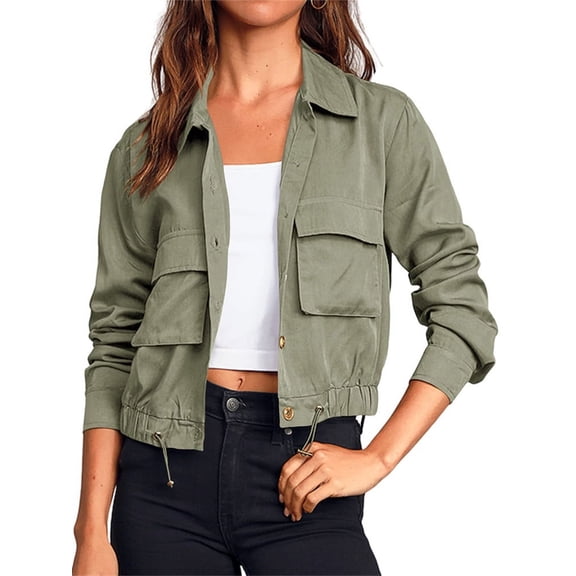 Turn0Down Collar Women Long Sleeve Casual Button Crop Jacket Drawstring Short Coat