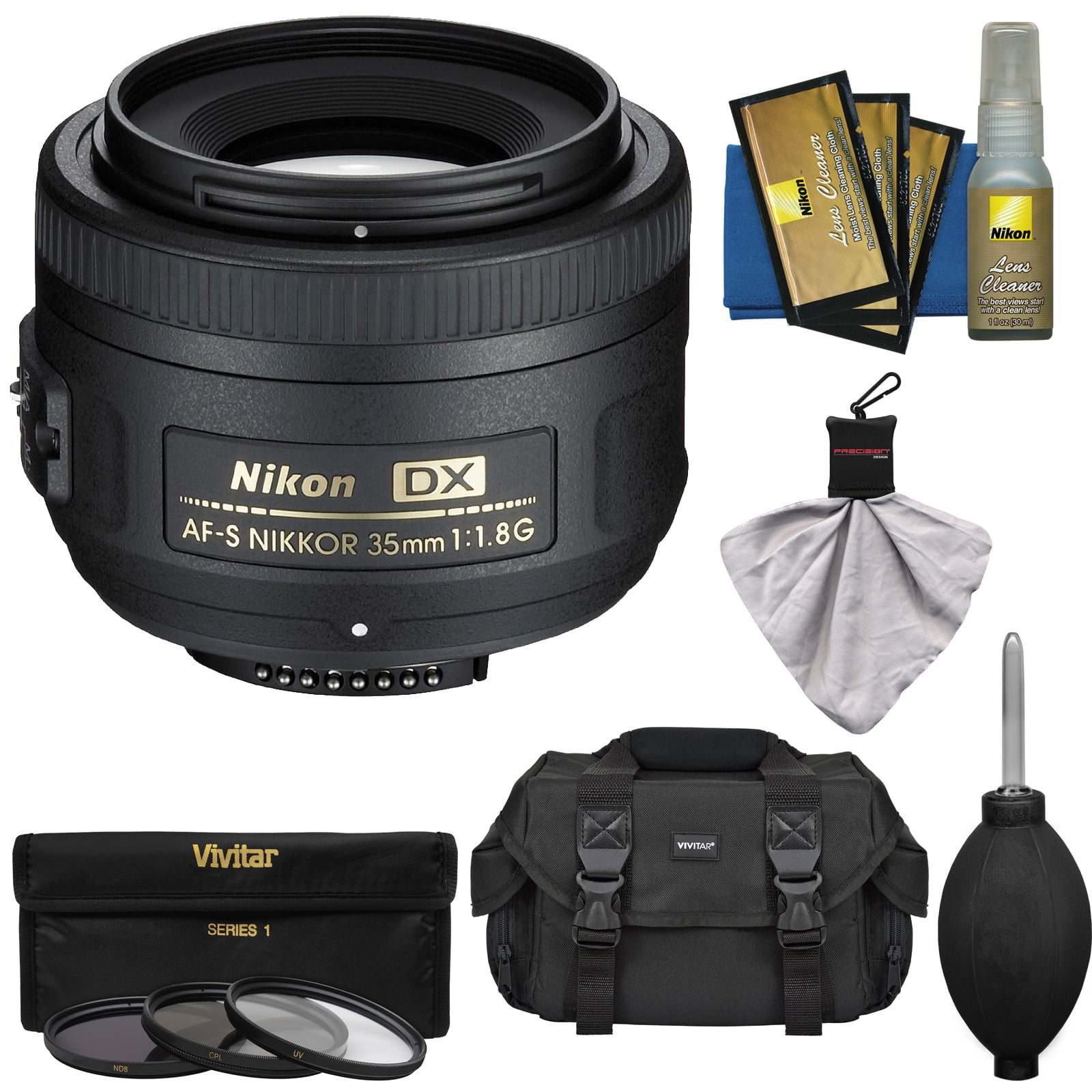 Nikon 35mm f/1.8 G DX AF-S Nikkor Lens with 3 UV/CPL/ND8 Filters + Case +  Kit for D3200, D3300, D5300, D5500, D7100, D7200 Cameras