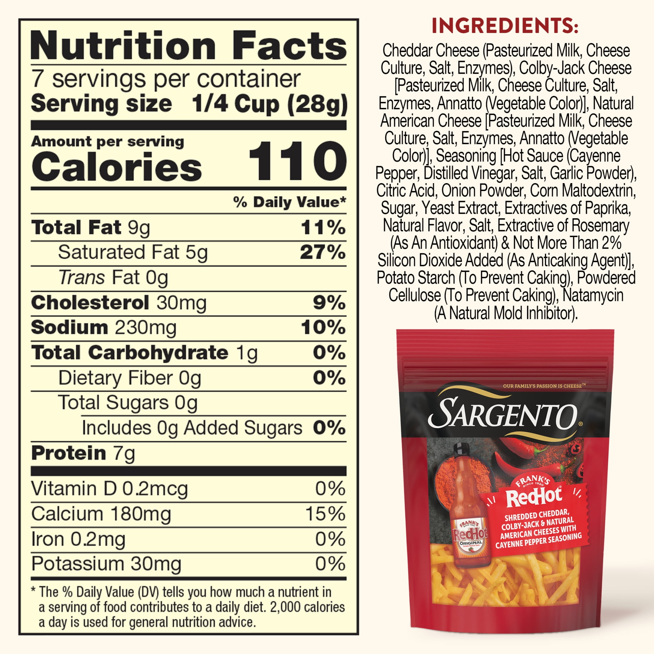 Sargento Frank’s RedHot Natural Cheddar, Colby Jack, and American Shredded Cheese with Cayenne Pepper Seasoning, Traditional Cut, 7 oz