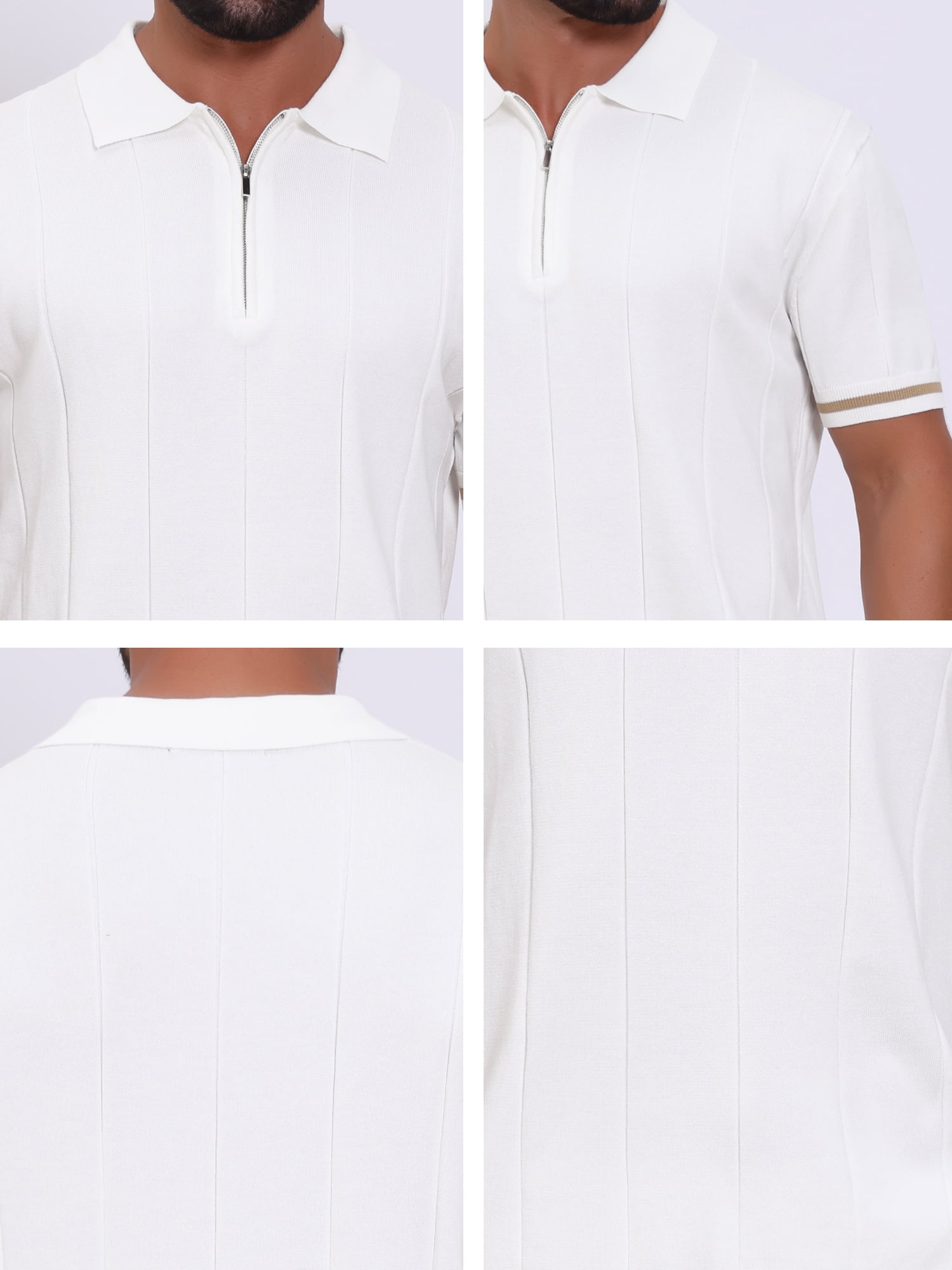 DARING DIVA Men's Textured Zip Up Ribbed Hem Short Sleeve Golf Polo Shirts S White