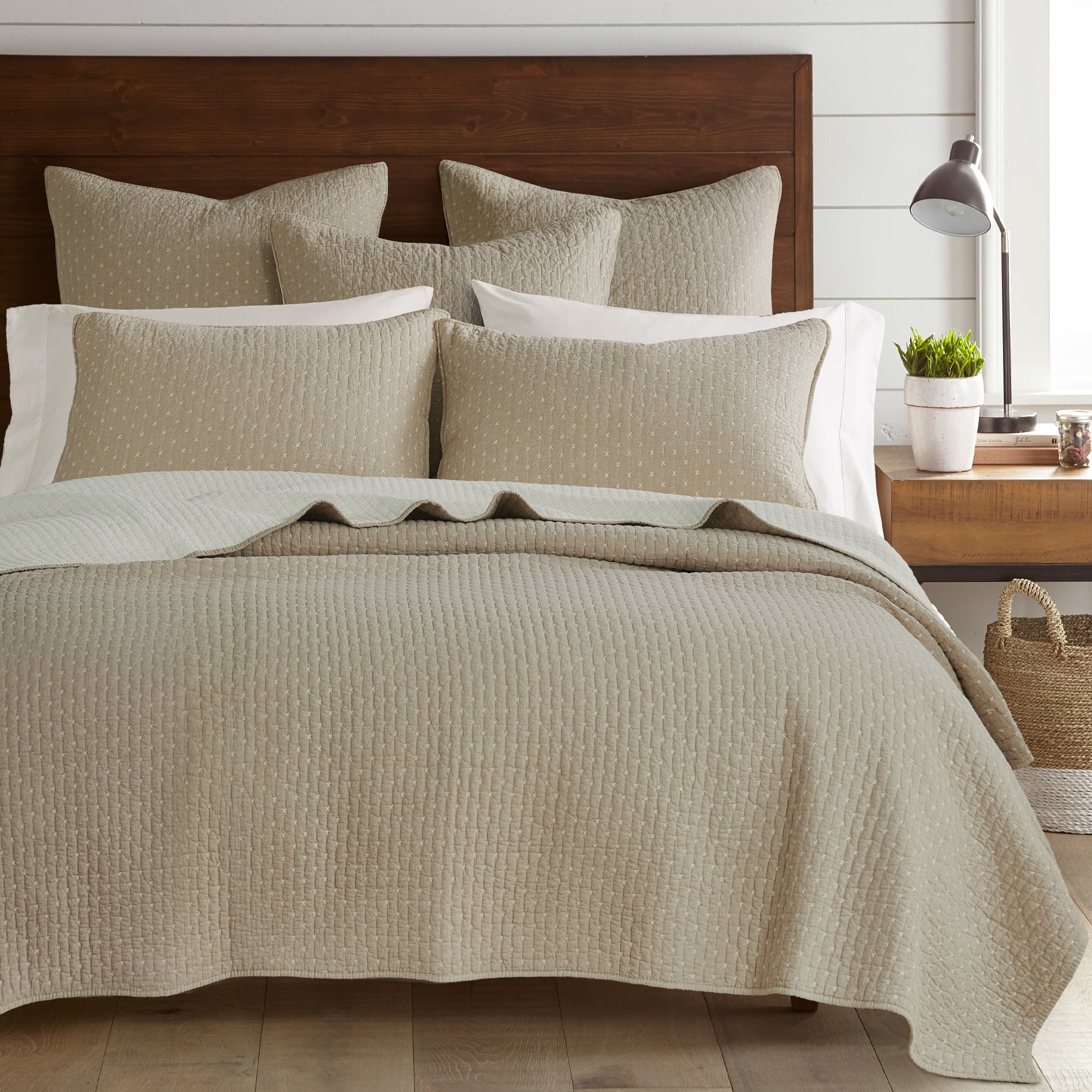 Levtex Home - Cross Stitch Quilt Set - 100% Cotton - King Quilt (106x92in.) + 2 King Shams (36x20in.) - Taupe