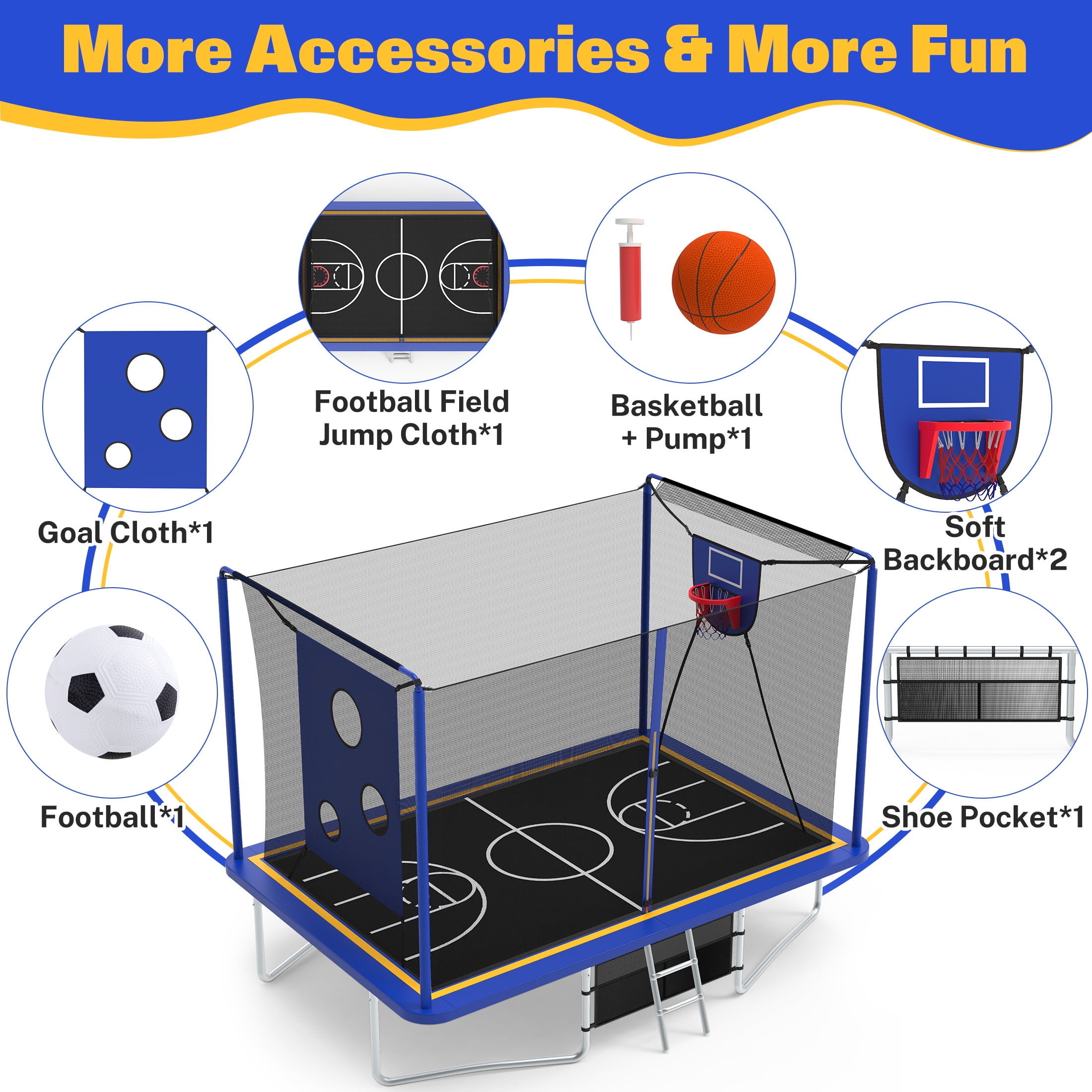 8X12FT Rectangular Trampoline with Enclosure Net, SEGMART Big Outdoor Rectangle Trampoline with Basketball Hoop, Large Square Trampoline 1322LBS Weight Capacity with Storage Bag for Kids, Adults