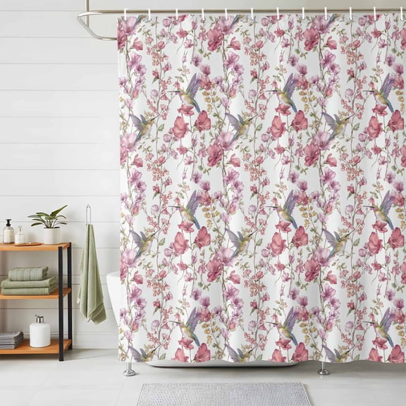 Shower Curtain Watercolor Floral Hummingbird Shower Curtains for Bathroom Decor, Waterproof Polyester Shower Curtain Set with Hooks, Extra Long 72" x 78" Spring Pink Flower White