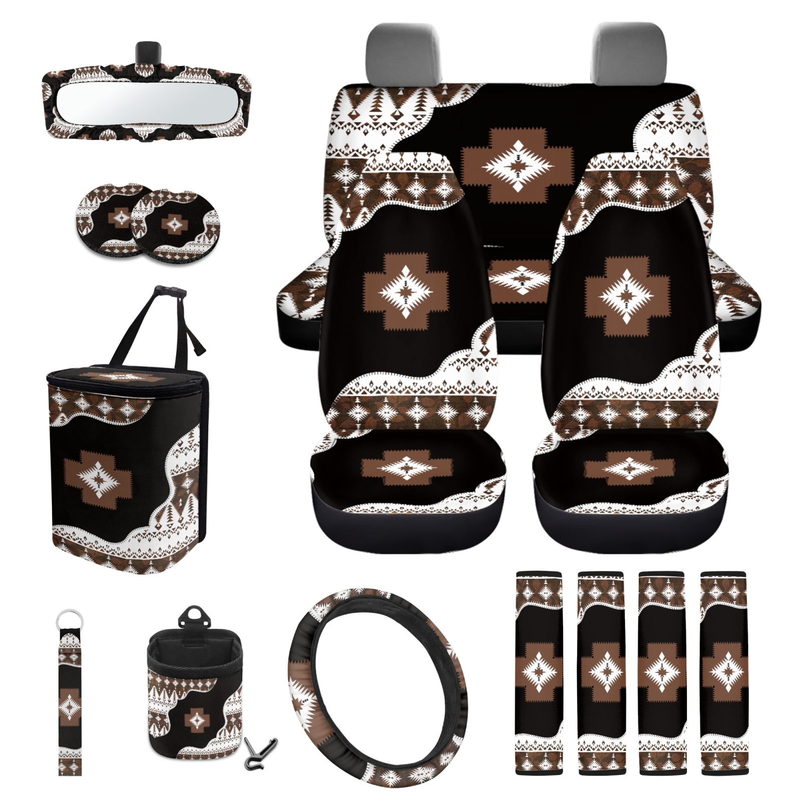 Jeiento Aztec Tribal Style Car Accessories with Seat Covers Rear View Mirror Protector Kechains Coasters Air Vent Storage Bag Seat Belt Strap Pad Trash Bag Steering Wheel Cover for Men