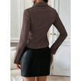 thumbnail image 3 of Women'S Striped Button Down Crop Shirt Long Sleeve Fitted Blouse Work Shirt Top Coffee Color S, 3 of 7