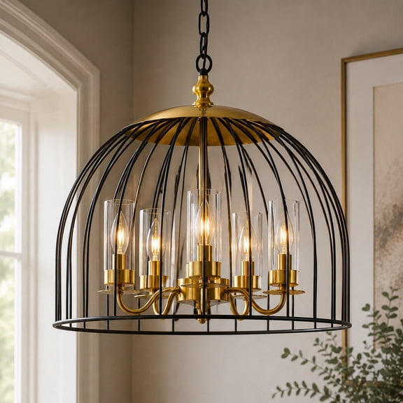 YANSUN 5-Light Chandelier, Black and Gold Cage Pendant Light, E12 Base, Industrial Vintage Hanging Fixture for Dining Room, Kitchen Island, Entryway