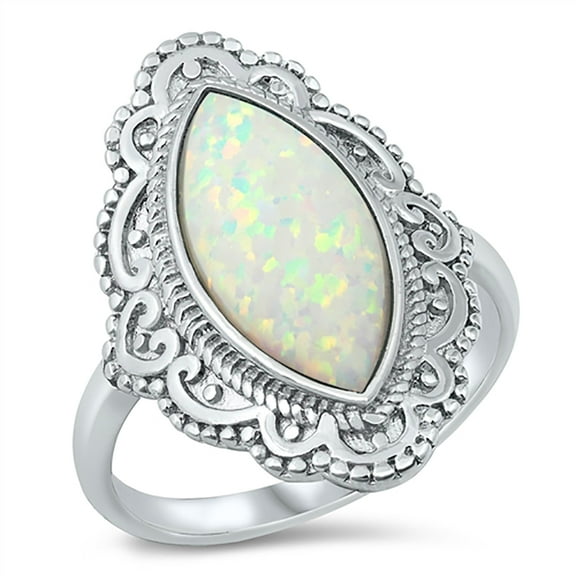 Marquise White Simulated Opal Decorated Victorian Ring Sterling Silver Size 7