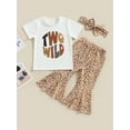 thumbnail image 2 of Bagilaanoe 3pcs Toddler Baby Girl Long Pants Set Letter Print Short Sleeve T-Shirts Tops + Leopard Flare Trousers + Headbands 12M 18M 24M 3T 4T 5T Kids Casual Outfits, 2 of 8