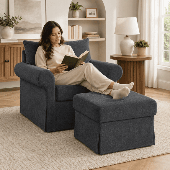 Aukfa 37.5" Oversized Chenille Accent Chair with Ottoman, Upholstered Armchair with Footrest for Living Room,Gray