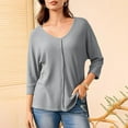 thumbnail image 4 of Womens Summer Waffle Knit Top V Neck Tunic Tops 3/4 Length Sleeve Off The Shoulder T Shirts Loose Fitted Solid Basic Tees Trends Dressy Blouses Holiday Party Clothing, 4 of 7