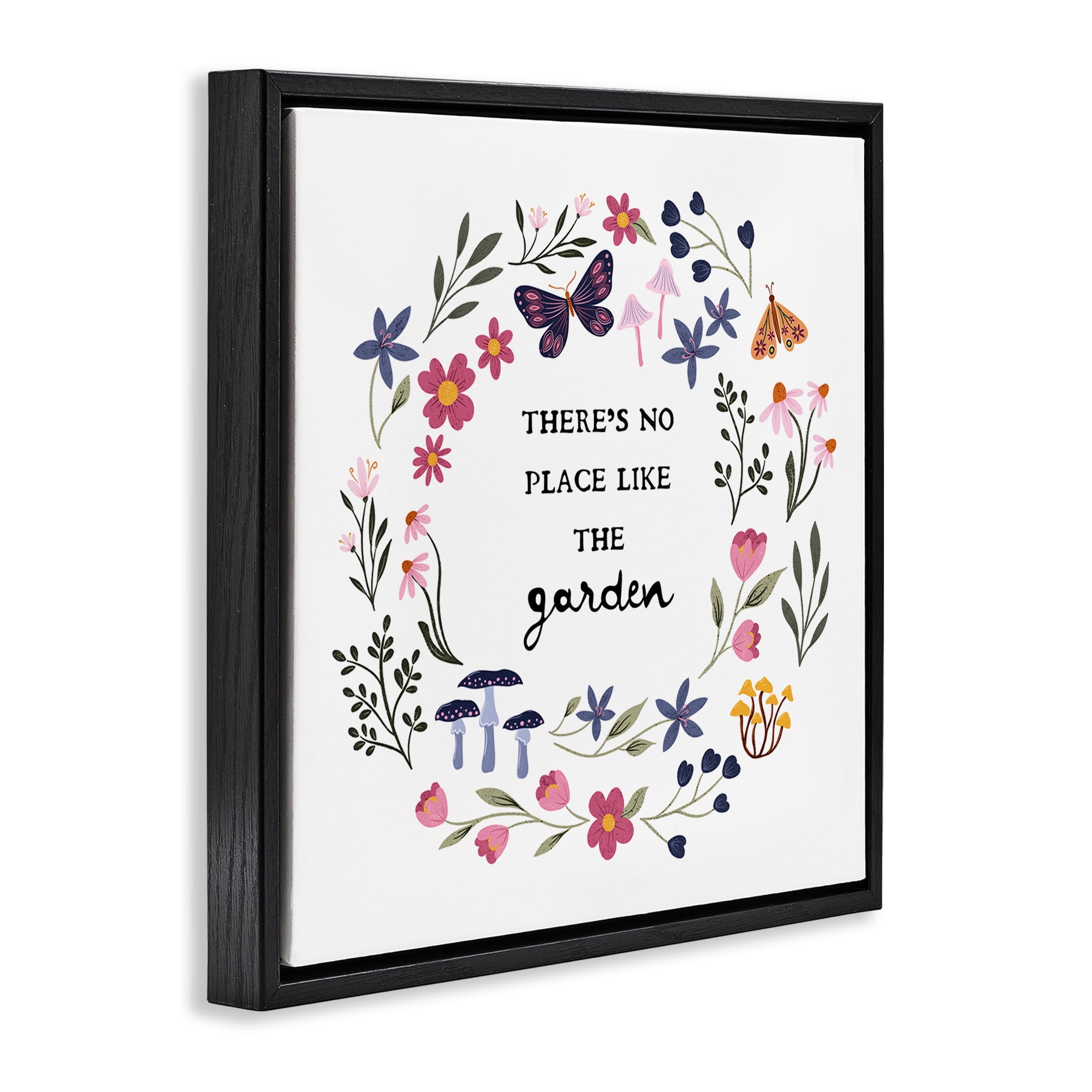 Stupell Industries No Place Like Garden Wreath Plants & Flowers Painting Black Floater Framed Canvas Art Print Wall Art, 25 x 25