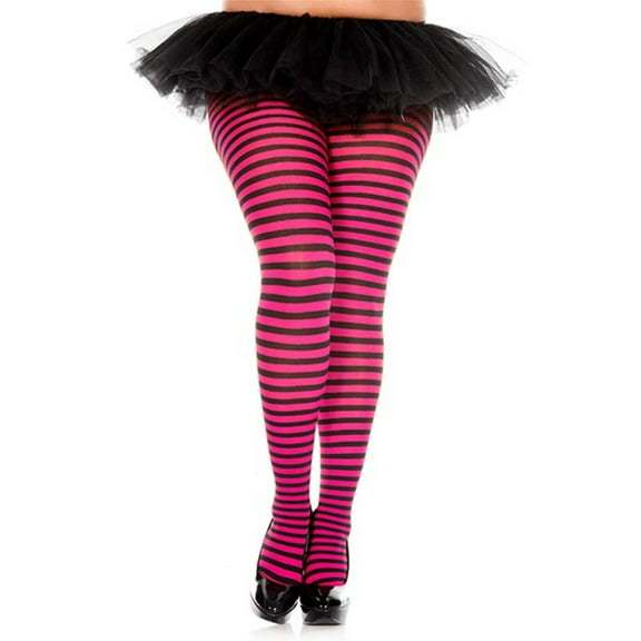 Plus size striped tights 7471Q-BLK-HOTPINK