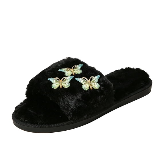 hopeusnice Women Slide Slippers Open Toe Thick Fluff Triple Rhinestone Cushion For Indoor Daily Use Green 42-43