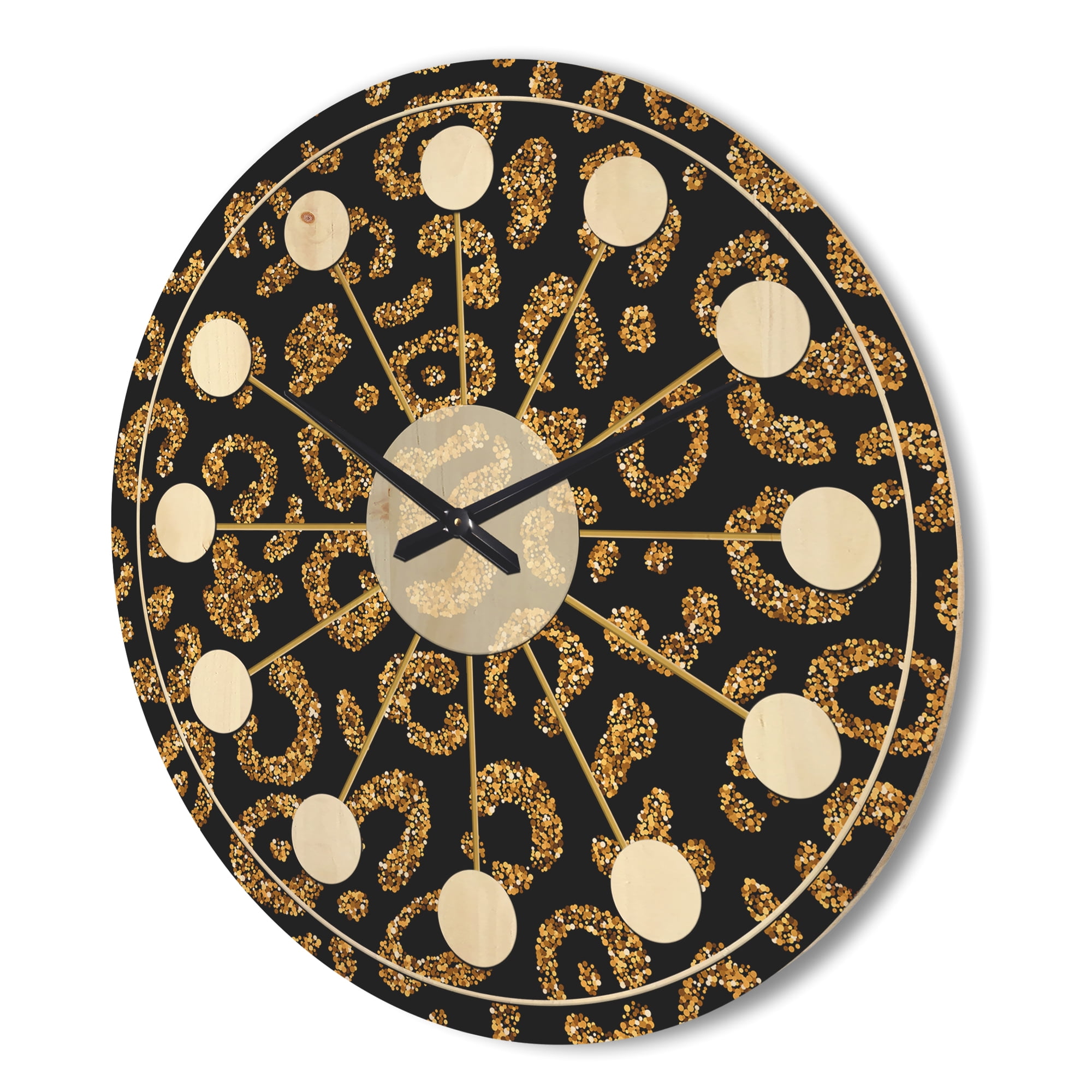 Designart 'Golden Leopard Fur Shapes' Mid-Century Modern Wood Wall Clock
