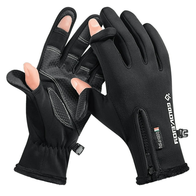 Gants de Pêche d'Hiver avec Trous pour Doigts Imperméables Coupe-Vent Gants en Polaire d'Hiver pour Pêche Randonnée Camping