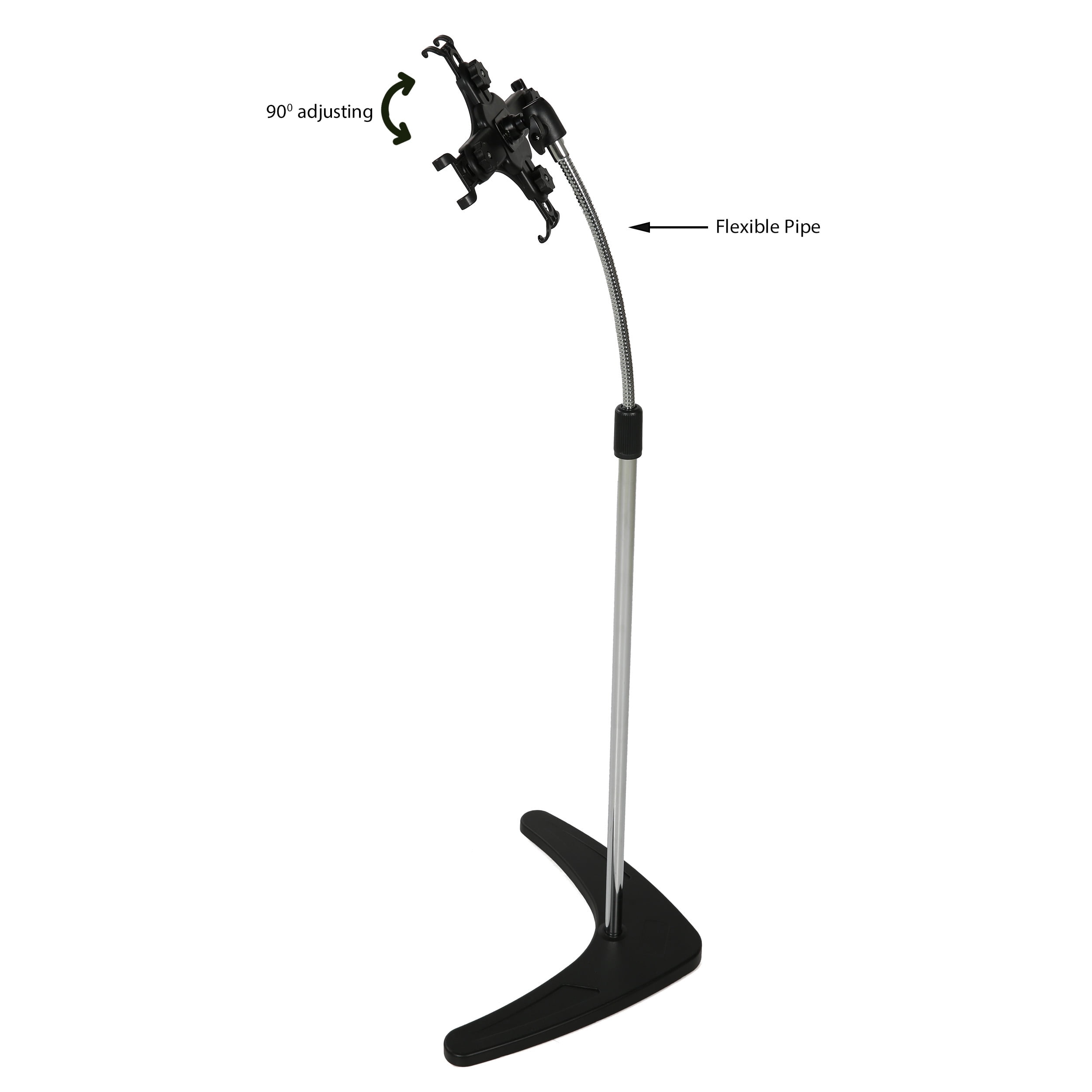 M&T Displays Floor Standing Silver Tablet E-Reader Drawing Pad Stand Flexible Head Adjustable Height Mobile Device Holder
