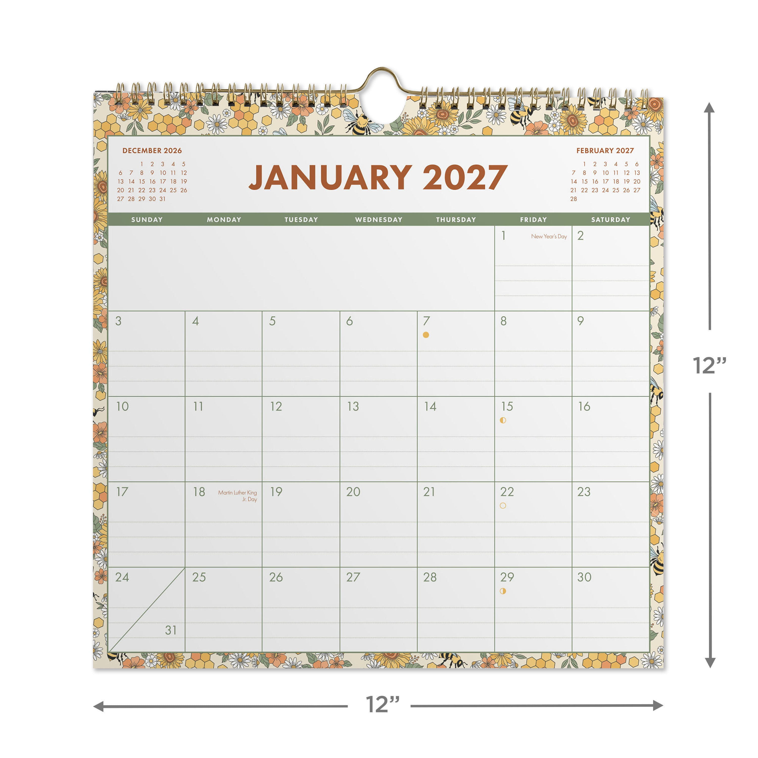 2027 Pen+Gear Spiral Bees Calendar 12x12 January-December Gridded