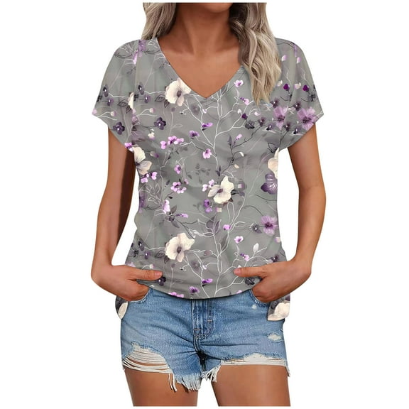 Womens Tops Short Sleeve Women's Printed V-Neck Short-sleeved T-Shirt Loose Short Sleeve