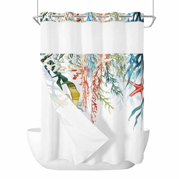 No Hook Shower Curtain, Coastal Ocean Standard Shower Curtains with Snap in Liner, Summer Beach Coral Starfish Seagrass Waterproof Washable Fabric Bathroom Curtain Sets, 60"W x 72"L