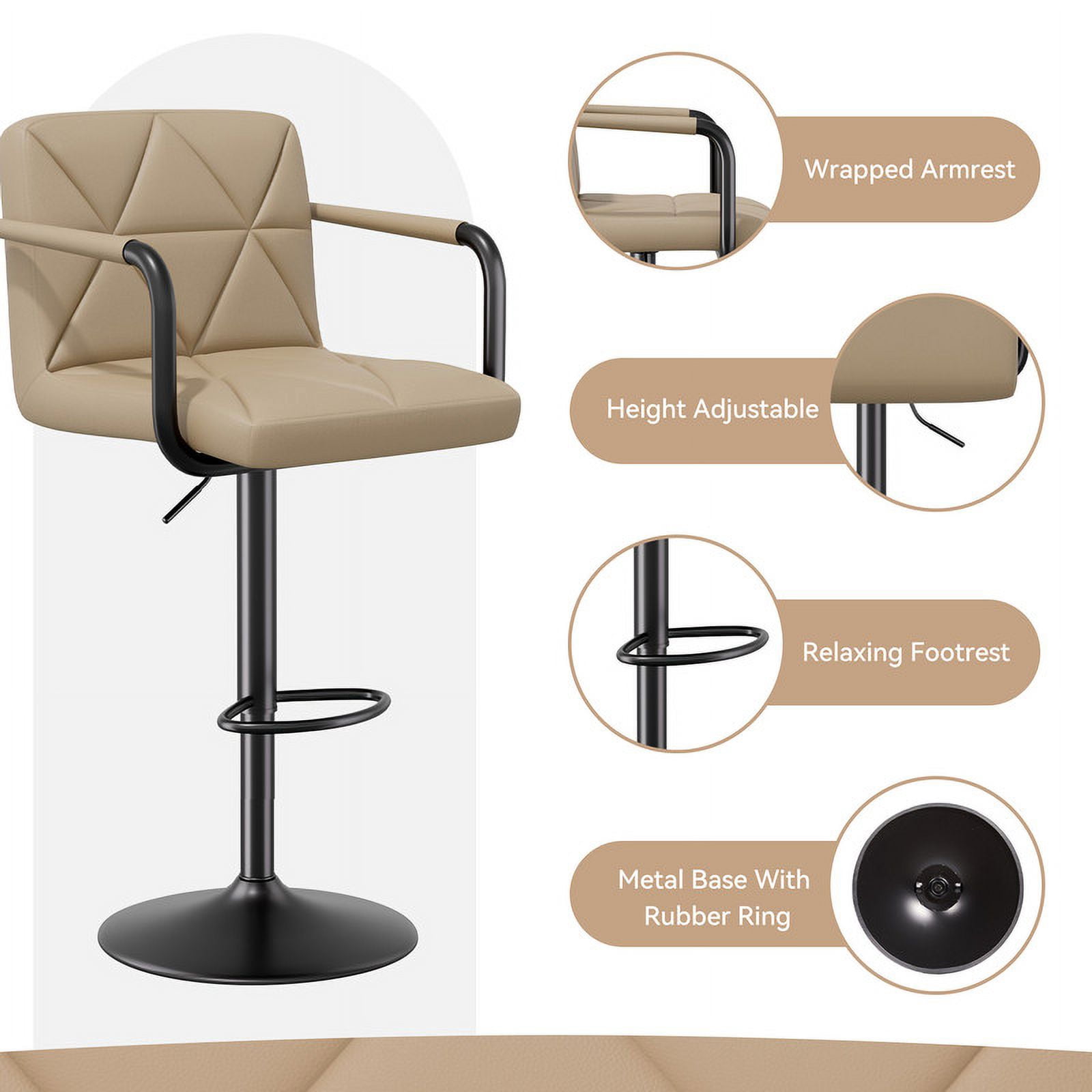 Hawsaiy Modern Bar Stools Set of 2, PU Leather Adjustable Swivel Bar Chairs with Armrests and Back, Hydraulic Counter Height Stools with Footrest for Kitchen Island, Dining Room, Bar, Khaki